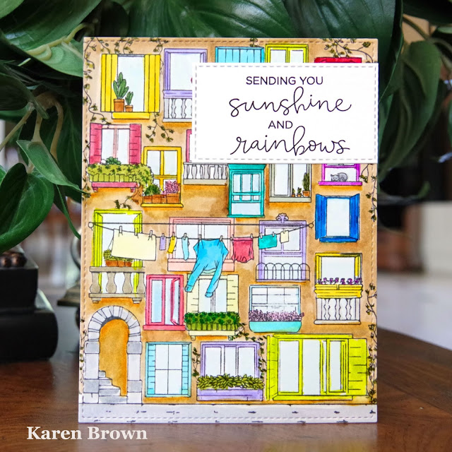 Hero Arts Venetian Neighborhood background stamp Hello Bluebird Rainbow Script Sentiment