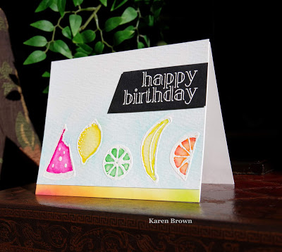 Handmade card using Create a Smile Fruit Salad.  Lemon, lime, orange, banana watermelon.
