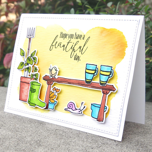 Altenew Garden Grow and Tea Time stamp sets Handmade card with Coffee in the Garden theme.