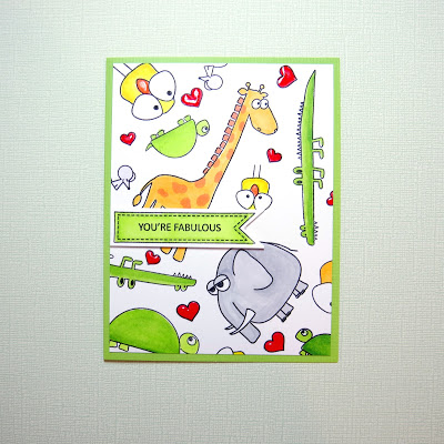 Pattern Stamped handmade card using Simon Says Stamp Stacking Animals.  Giraffe, elephant, turtle and bird.