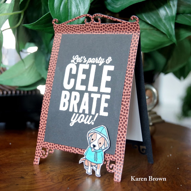 A handmade blackboard easel card featuring Hero Arts January 2019 kit and Hero Arts Fun in the Rain Stamp set. The Paper Company Football Paper