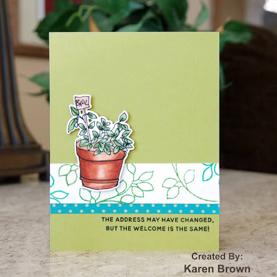 A handmade card for a new homeowner featuring Altenew Garden Grow\'s potted plant.