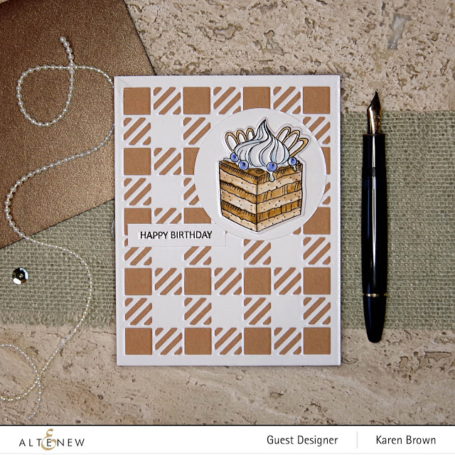 Altenew Mini Tiramisu stamp and die set. Altenew Cozy Flannel cover die with Kraft card stock.