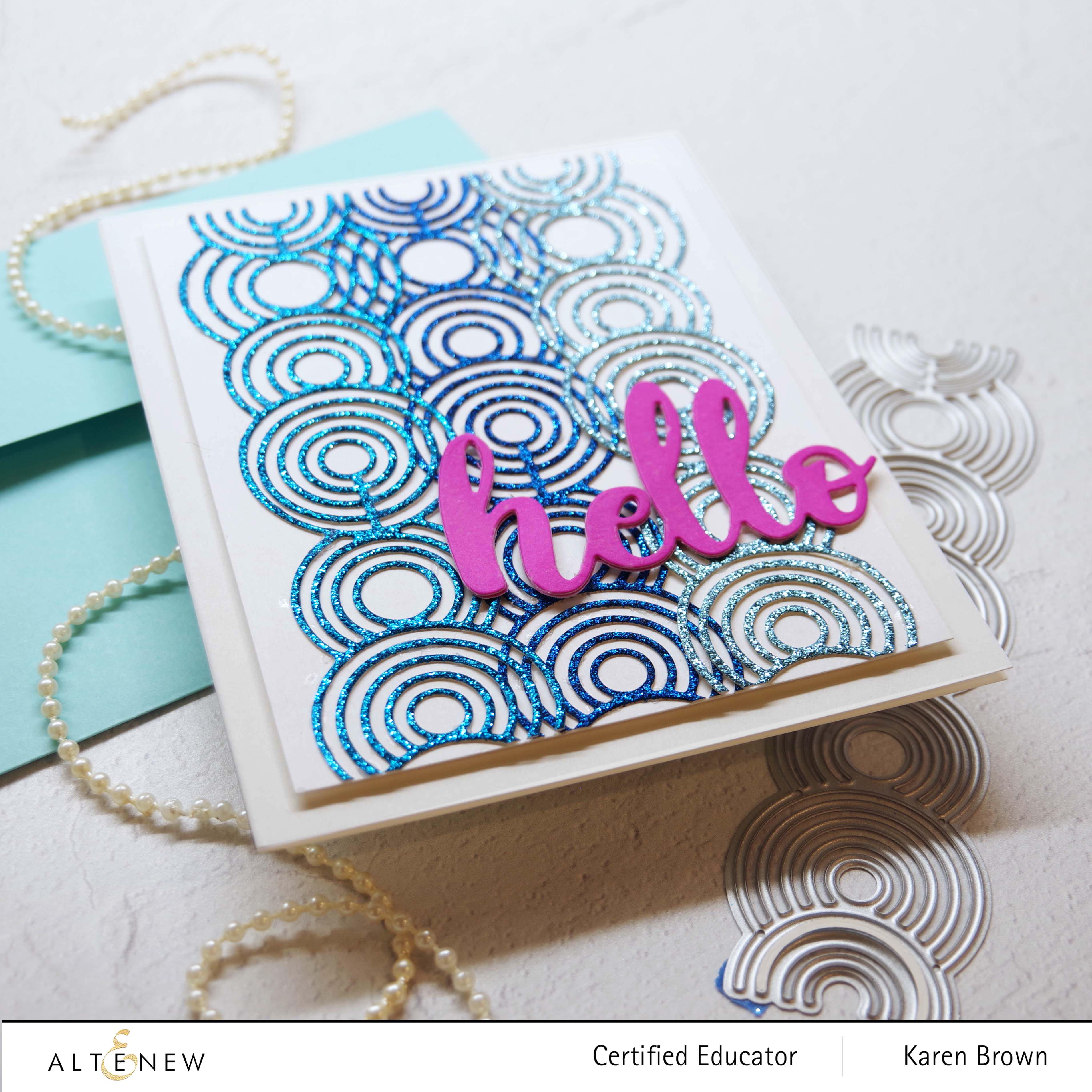 Altenew's Ocean Reflections Glitter Cardstcok + Rippling Rings Border Dies.