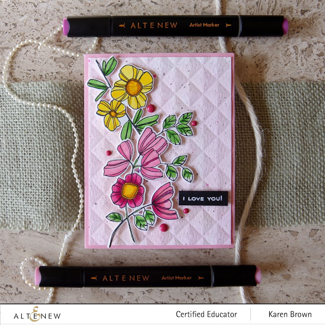 Altenew Weekend Doodles + Altenew Sunshine Valley Garden Set F markers + Modern Squares 3D embossing folder