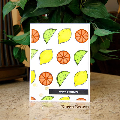 Handmade card featuring lemons, limes and oranges.