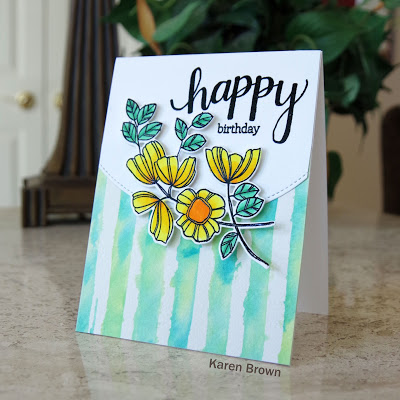 Bright card featuring Altenew Watercolor Stripes Stencil and Weekend Doodles stamp and die bundle.