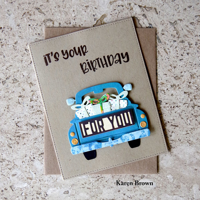 Spellbinders Truckin\' Through the Seasons masculine birthday card. Masculine card featuring a blue truck.