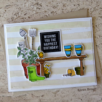 A scene card featuring Altenew Gardent Grow and Tea Time stamp and die bundles with Watercolor Stripes stencil and texture paste to create the background.