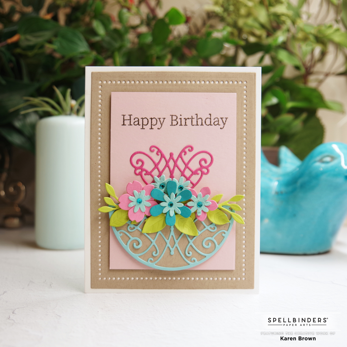 Spellbinder's August 2021 Amazing Paper Grace Die of the Month Card in Kraft, Pink and Aqua.