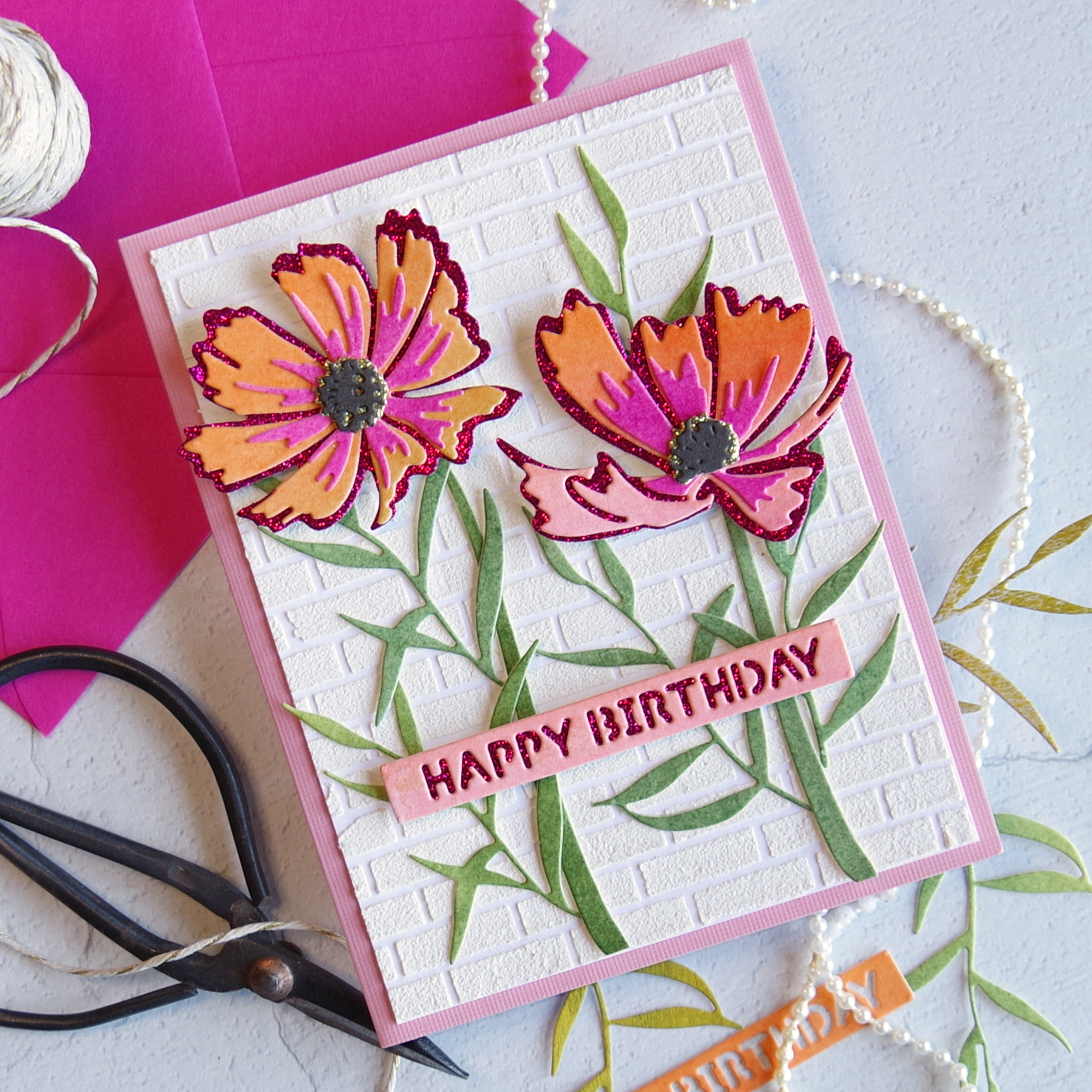 Cardmaking with Altenew Glitter Cardstock in Pink Brilliance + Cosmos Layering Dies.