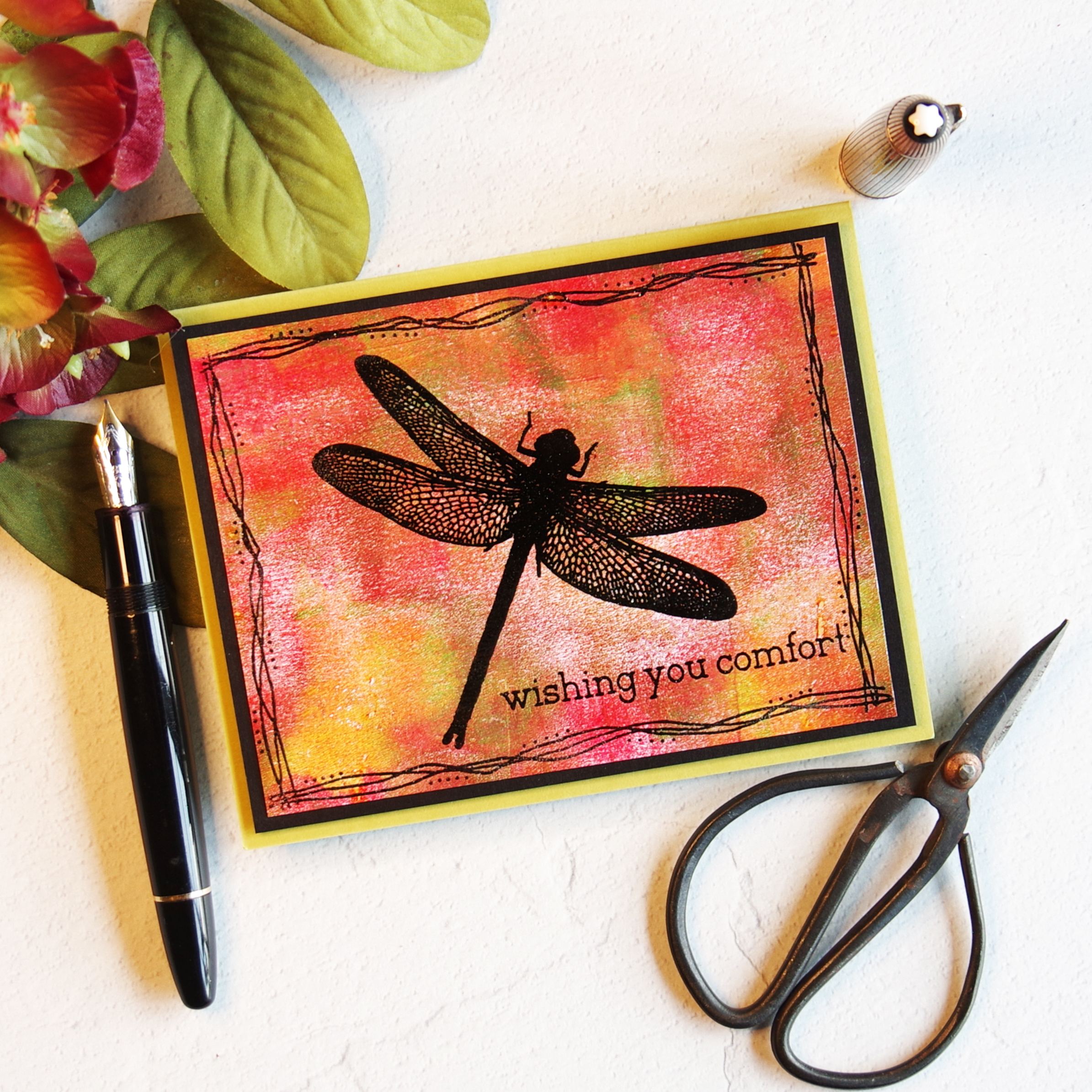 Visible Images "Live in the Moment" stamped dragonfly sympathy card.