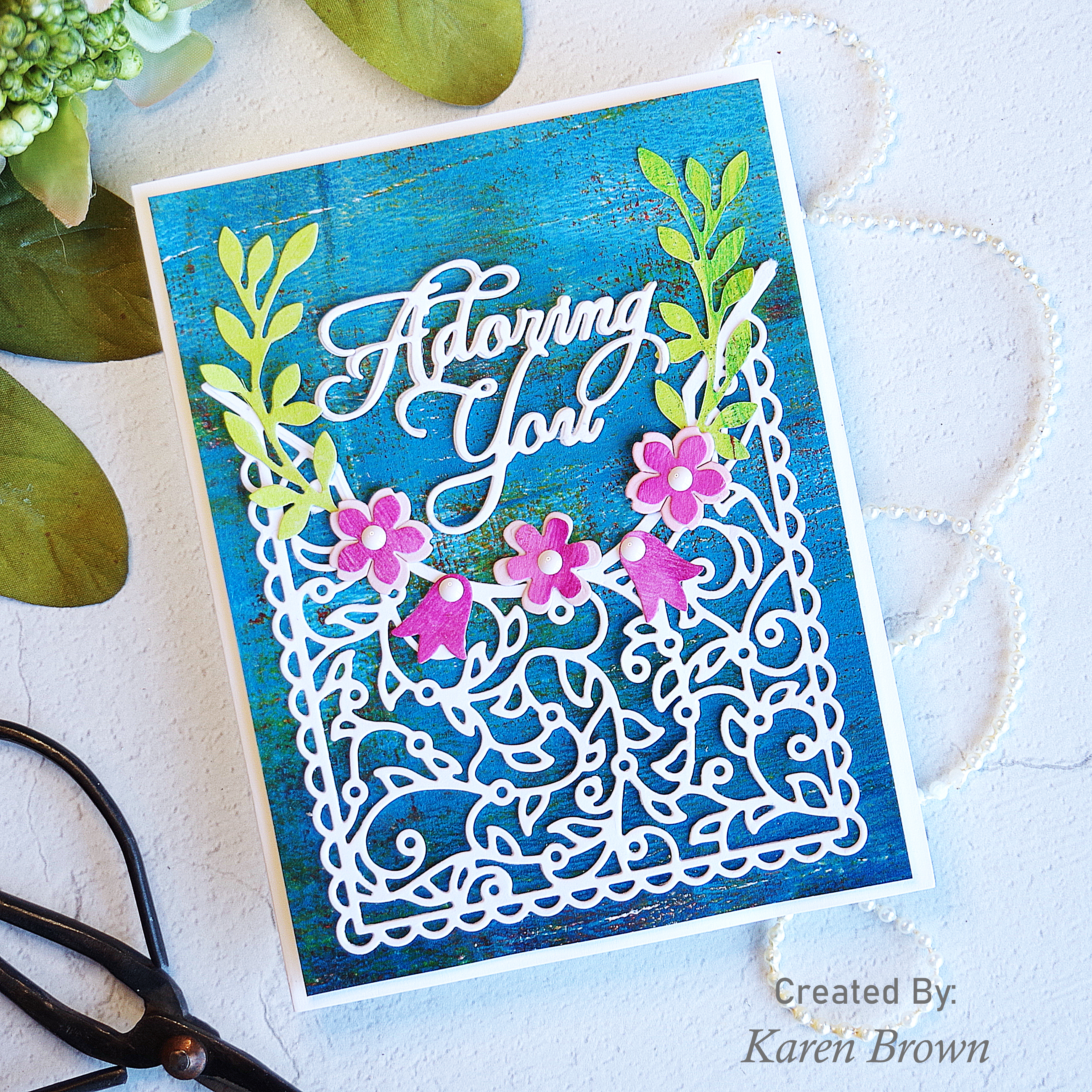 Mixed media card using Spellbinders Adoring Fleurette Card Builder dies from the Classically Becca Collection.