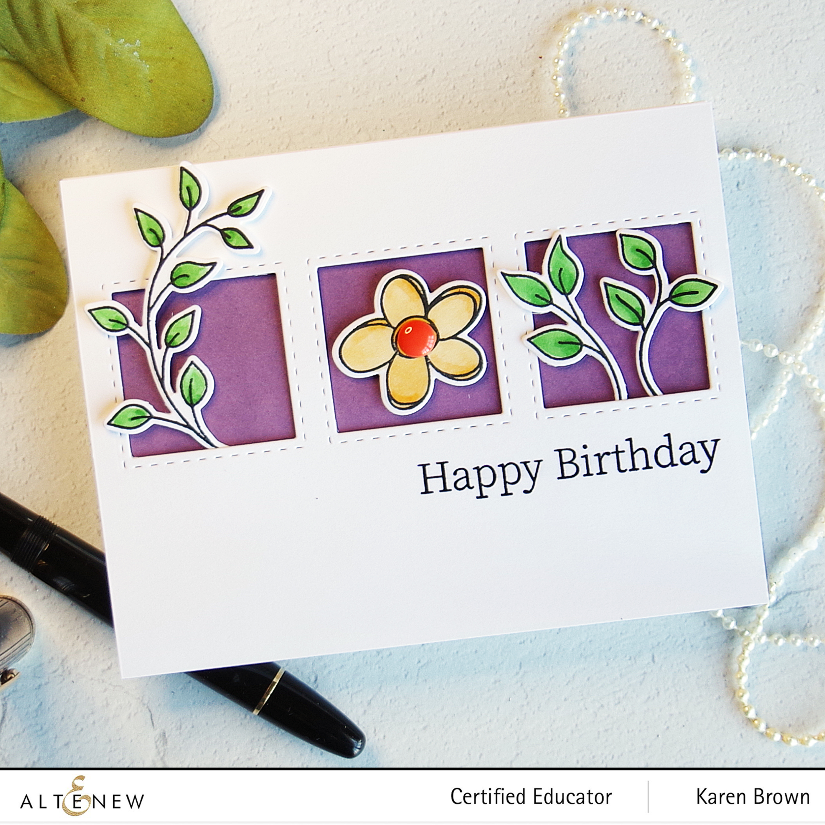 Altenew Doodle Blooms stamp and dies paired with Honey Bee Square Window Trio die in a birthday card.