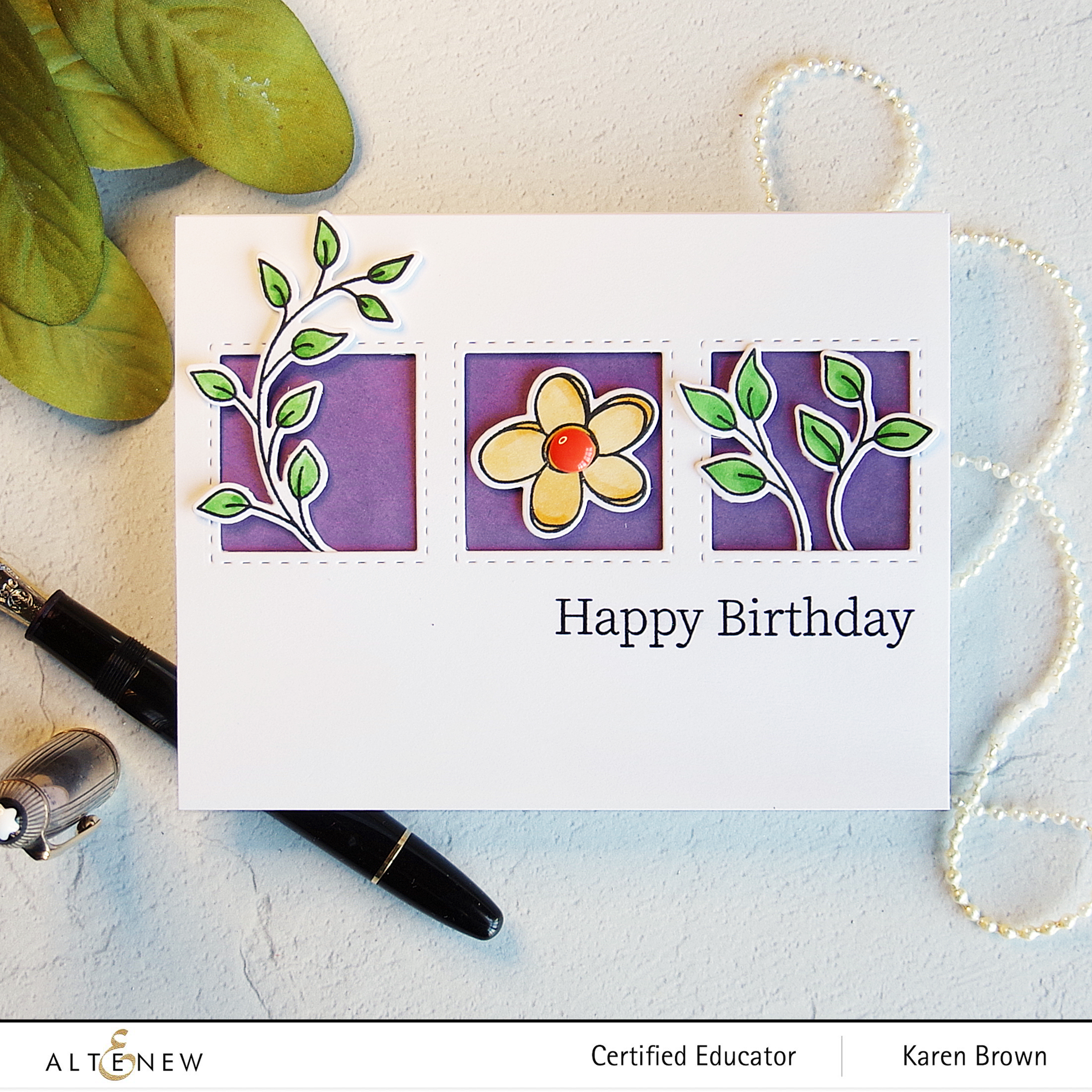 Altenew Lavender Fields Dye Ink Blend Background + Doodle Blooms floral images + Warm and Cozy Enamel Dot.