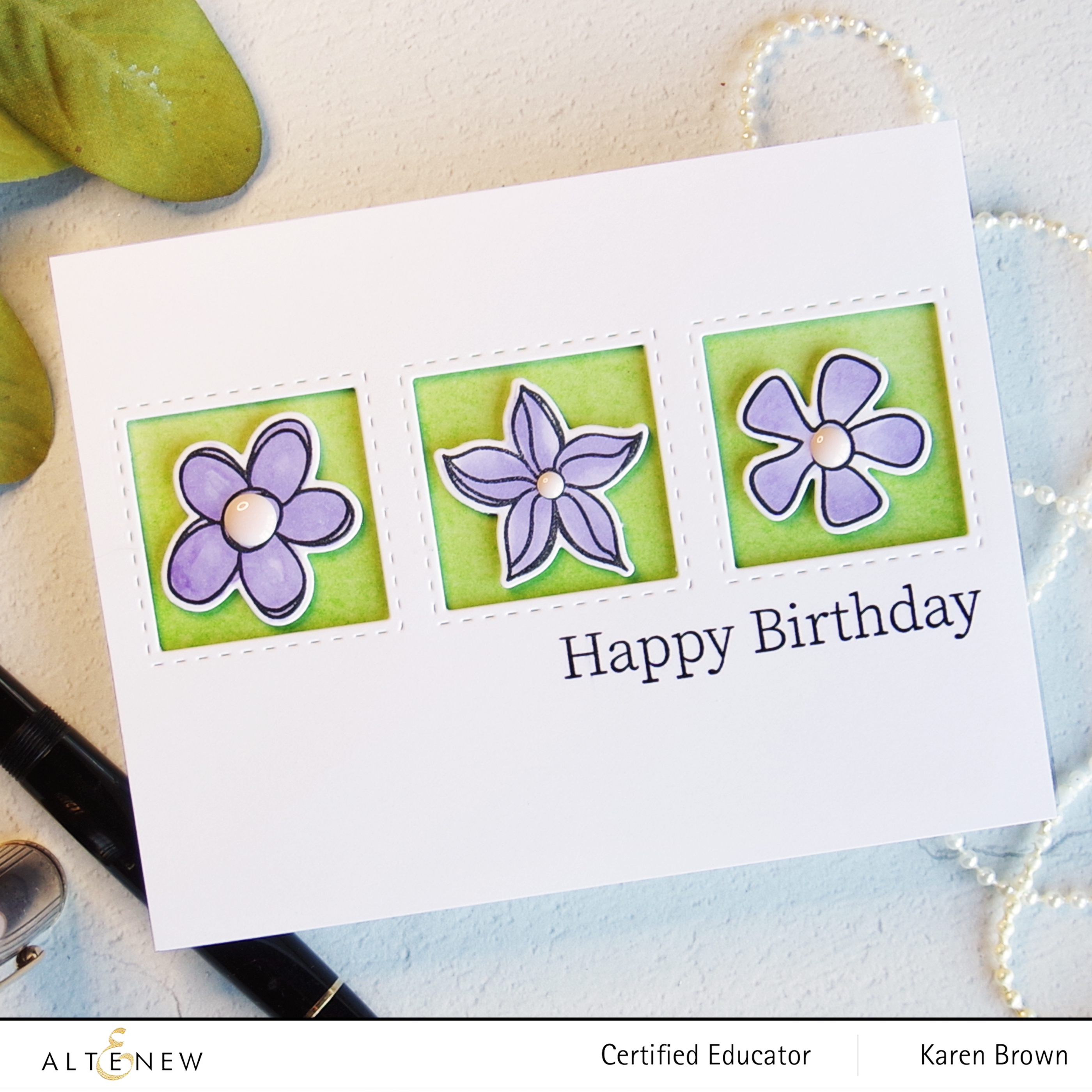 Using Pantone Color of 2022 "Very Peri" on a handmade card with Altenew's Doodle Blooms Stamp and Die Set + Water Garden Set G Artist Markers.