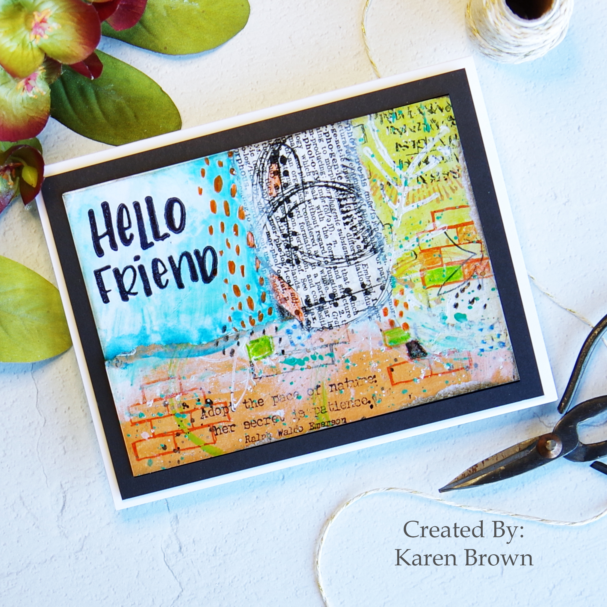 Multimedia Gel Press Collage Card with Paper Artsy Chalk Acrylic and stamps.