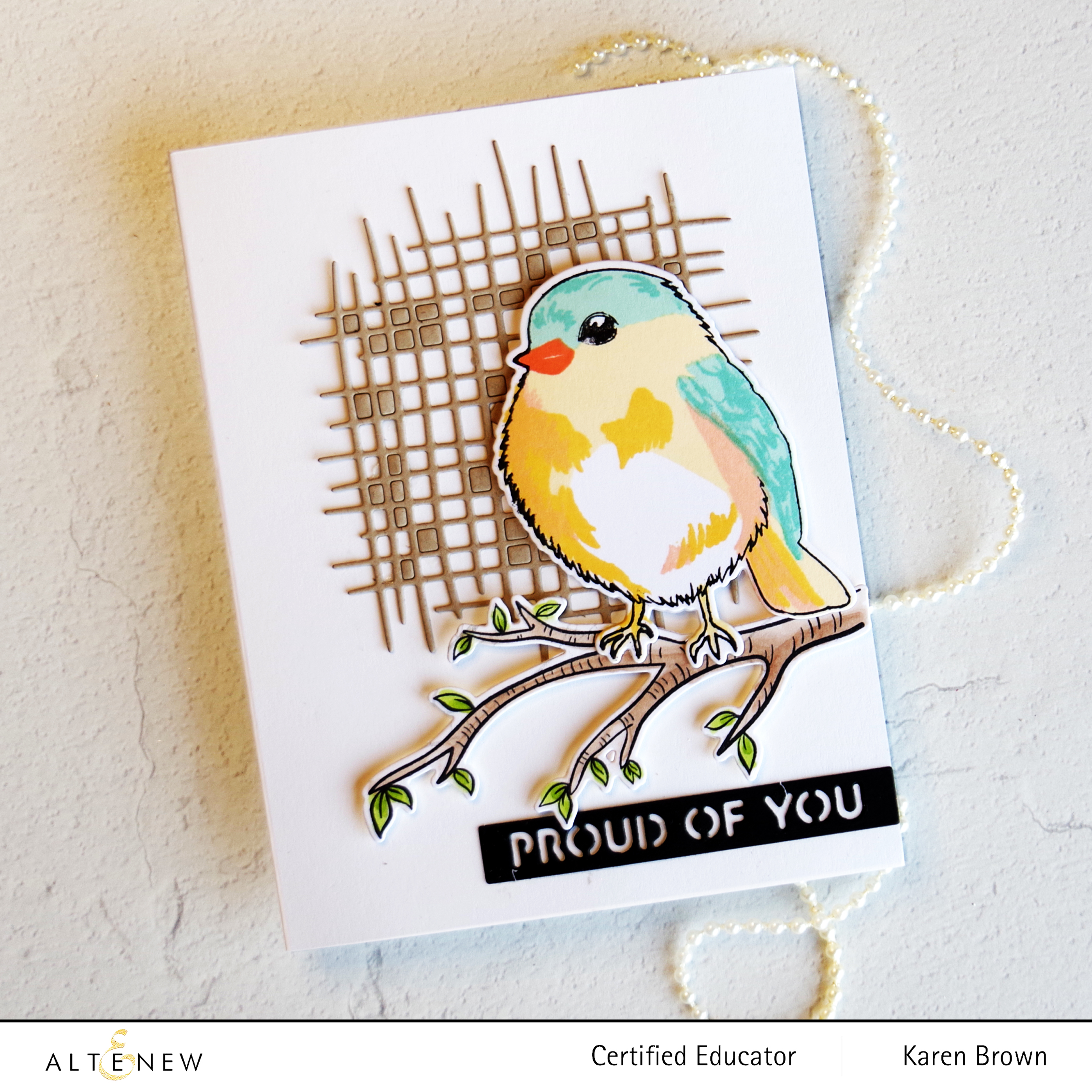 Card featuring Altenew's  Bird of the Woods Layering Stamp + Textured Burlap background.