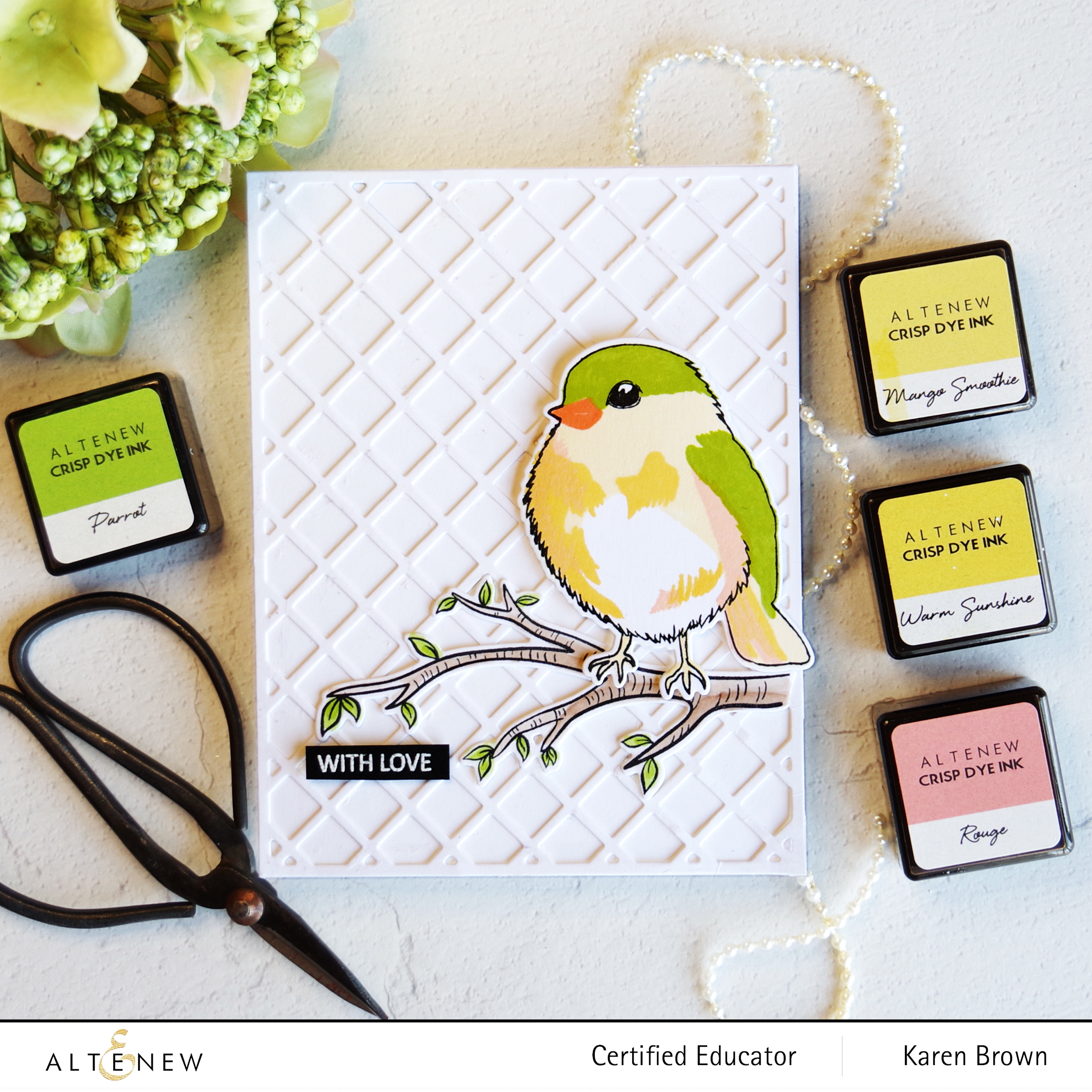 Altenew Bird of the Woods Layering Stamp + Garden Trellis Cover die on a handmade card