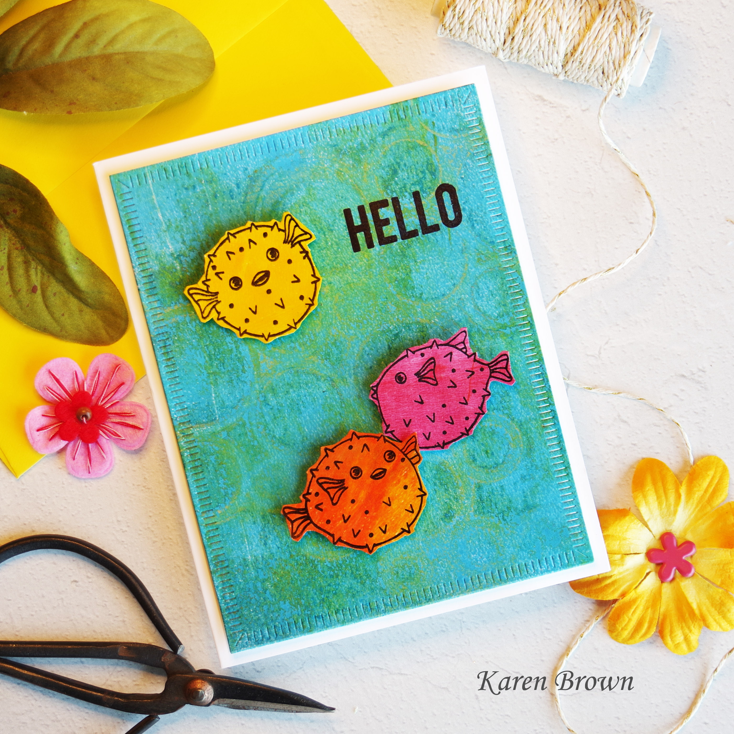 Mixed Media Card featuring Hero Arts I Am Puffer For You stamped fish.