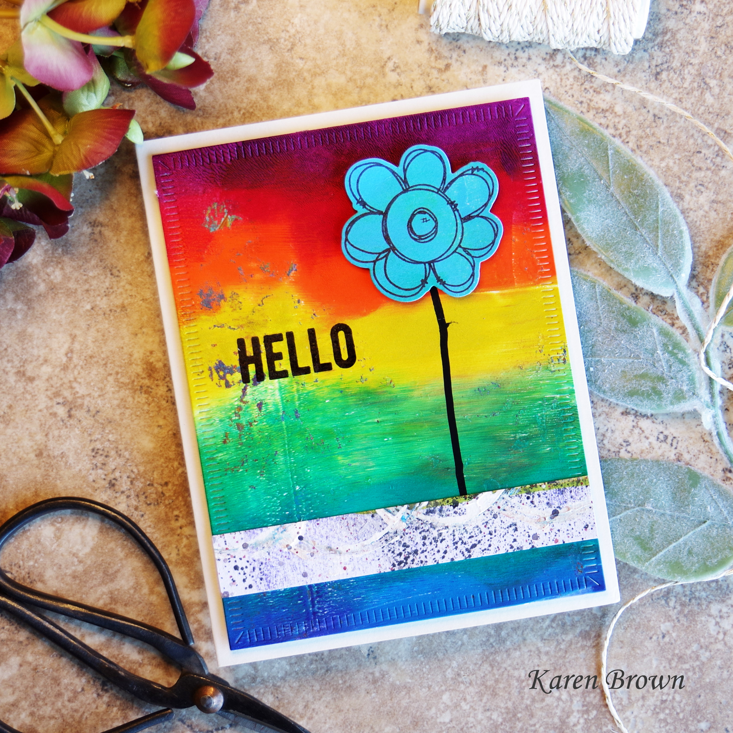 Mixed Media Acrylic Rainbow print turned into a card.