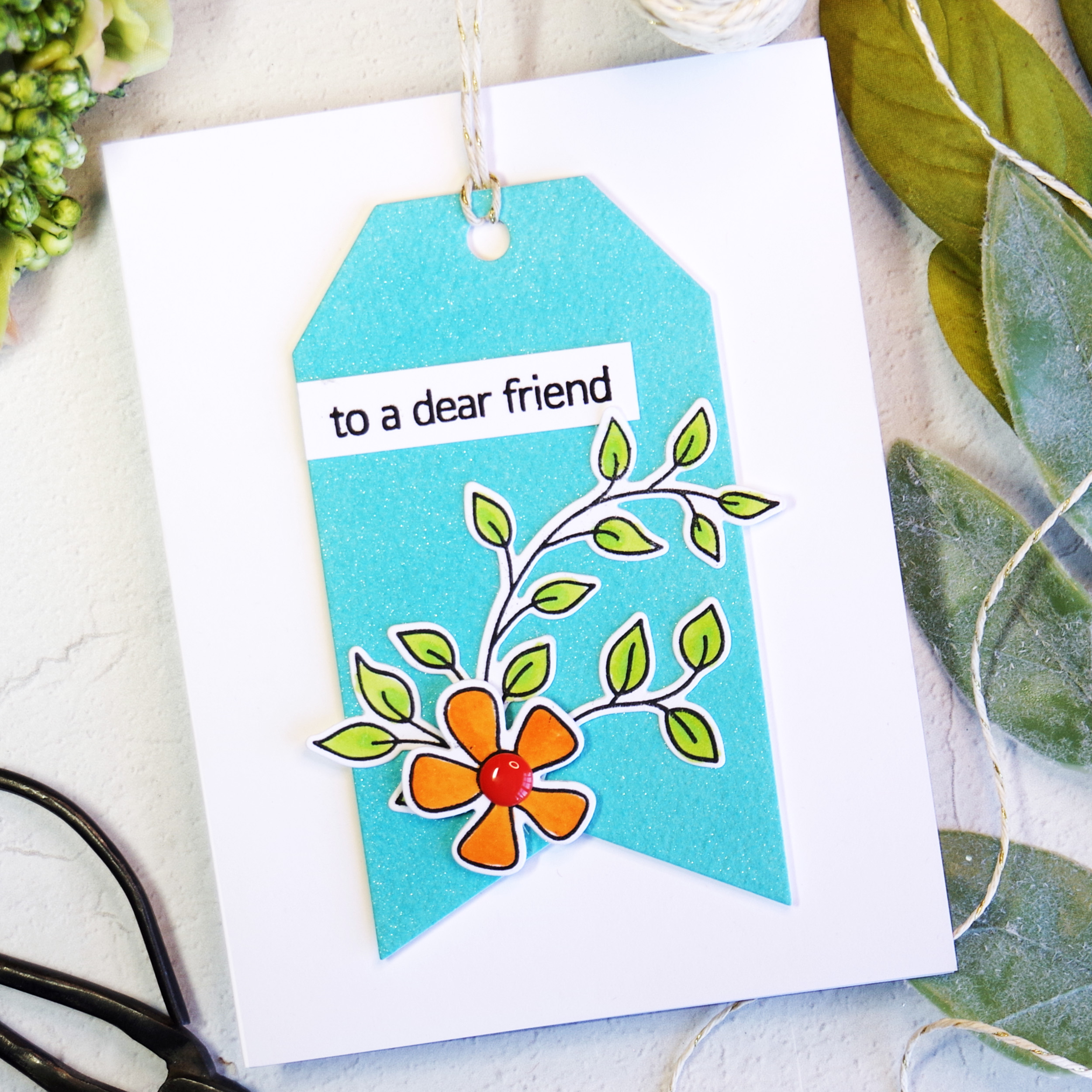 Handmade card with die cut Altenew Terrific Tags.