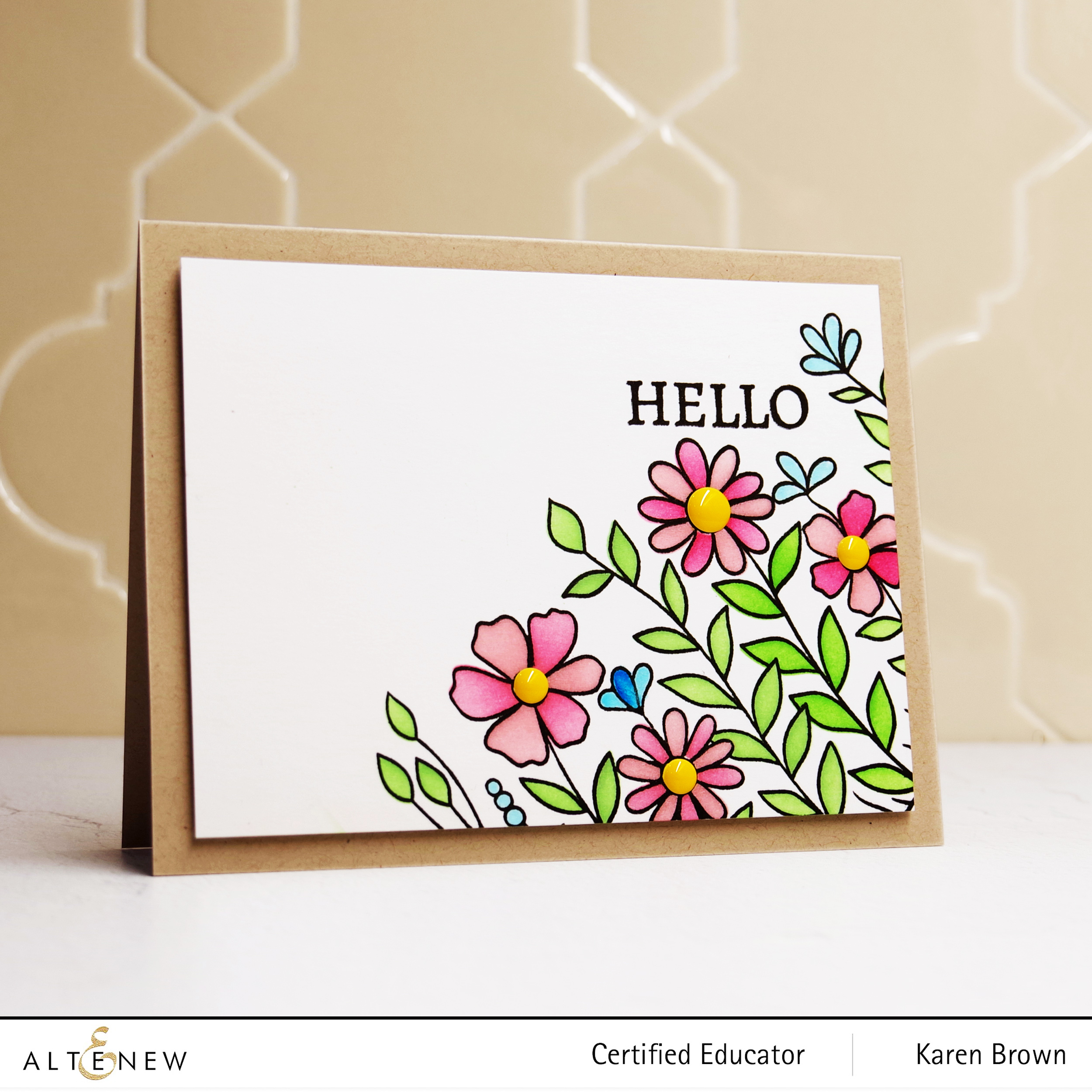 Quick and Easy Card with Altenew's Arch of Flowers Stamp and coloring stencil.