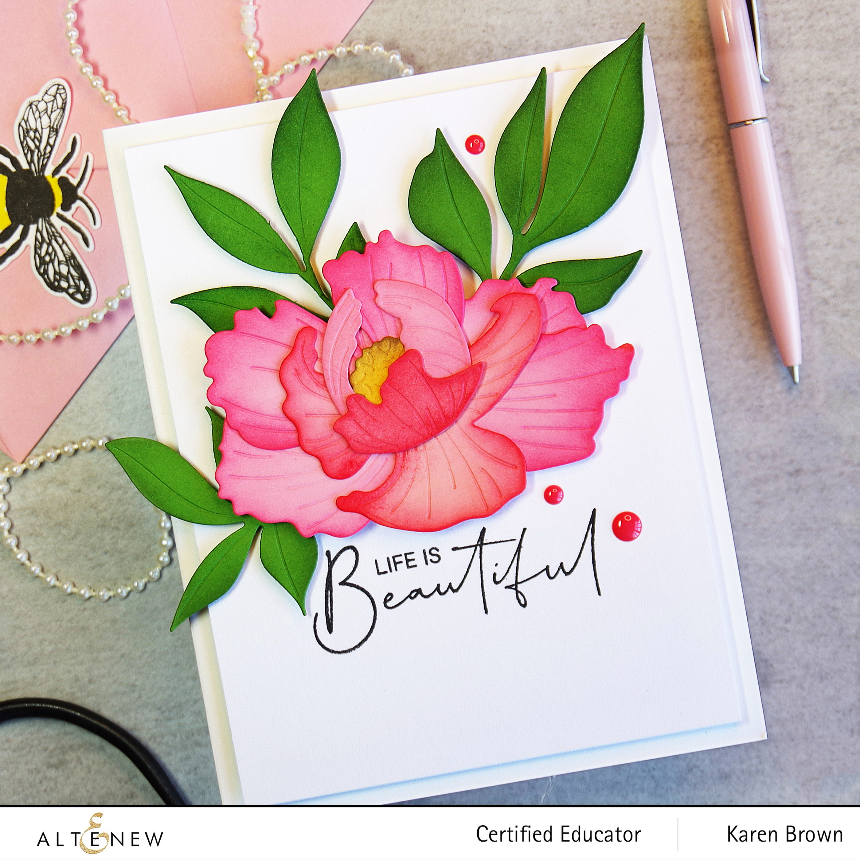 Ink Blending  on Colored Cardstock Die Cuts to Add Shading:  Altenew Open Peony