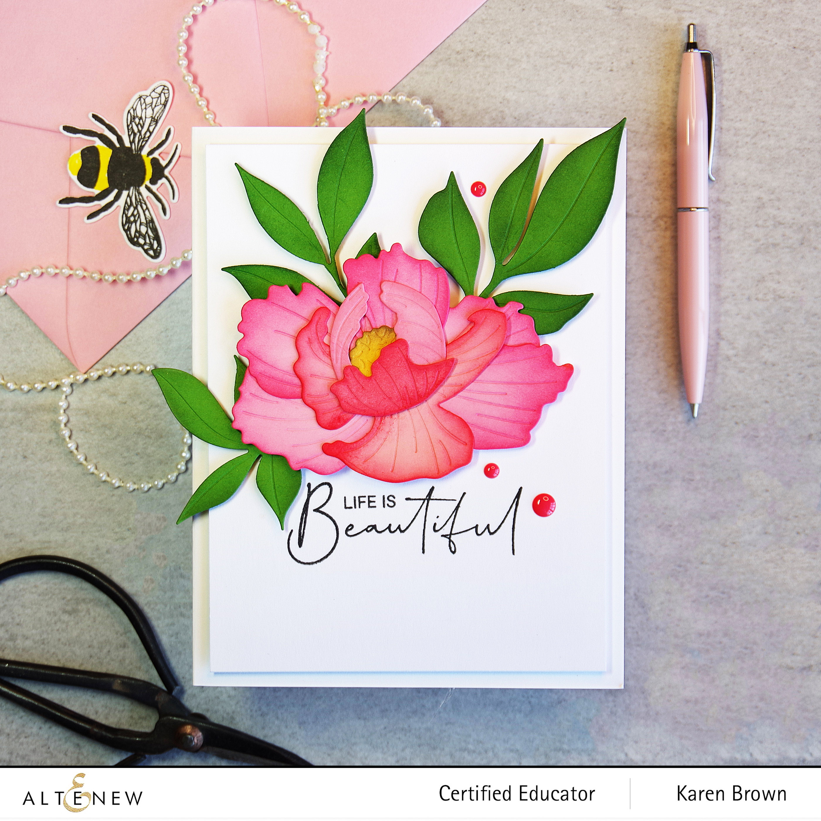 Pink Die Cut Flower with Ink Blending:  Altenew Open Peony Subscription Kit