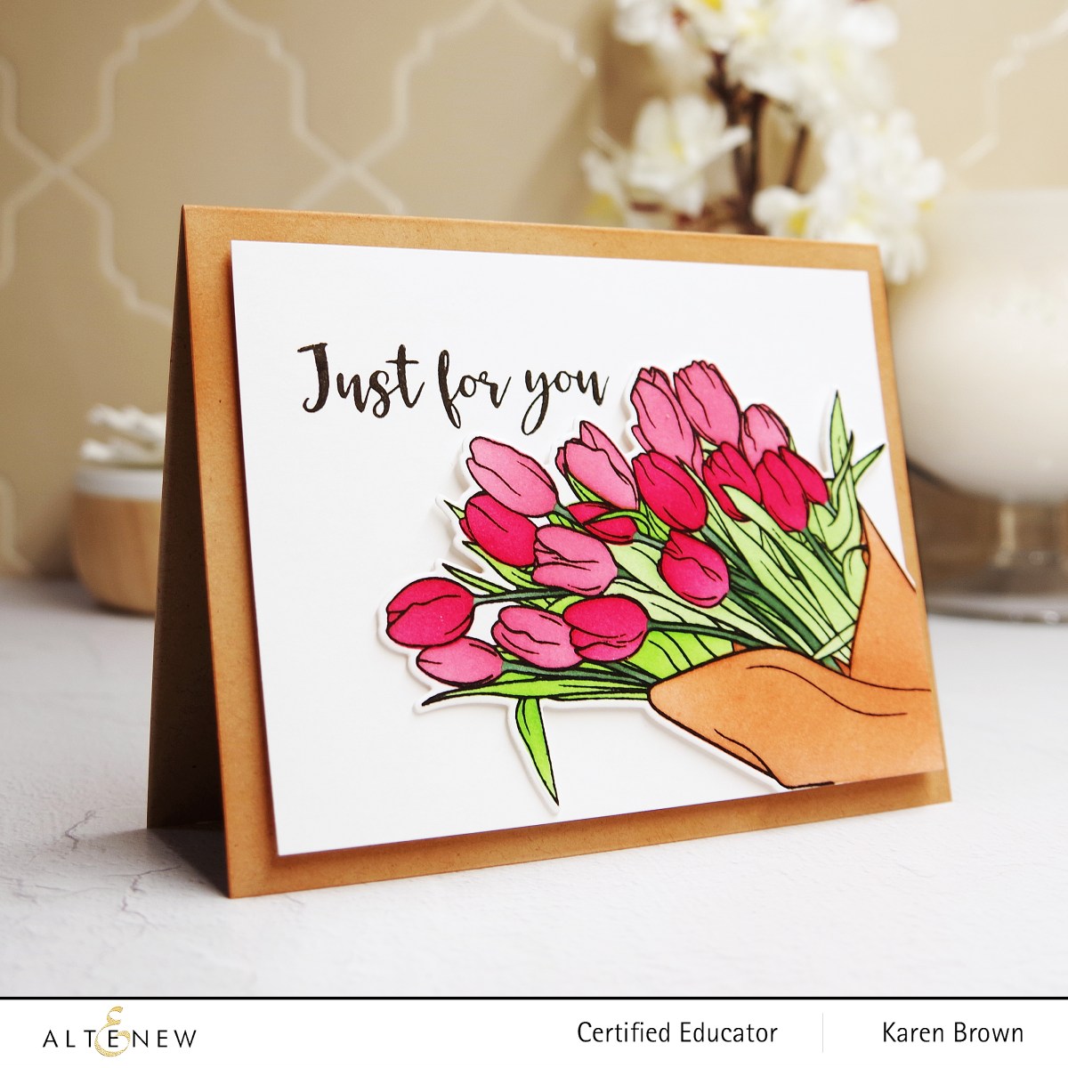 Card with red and pink bouquet of tulips.