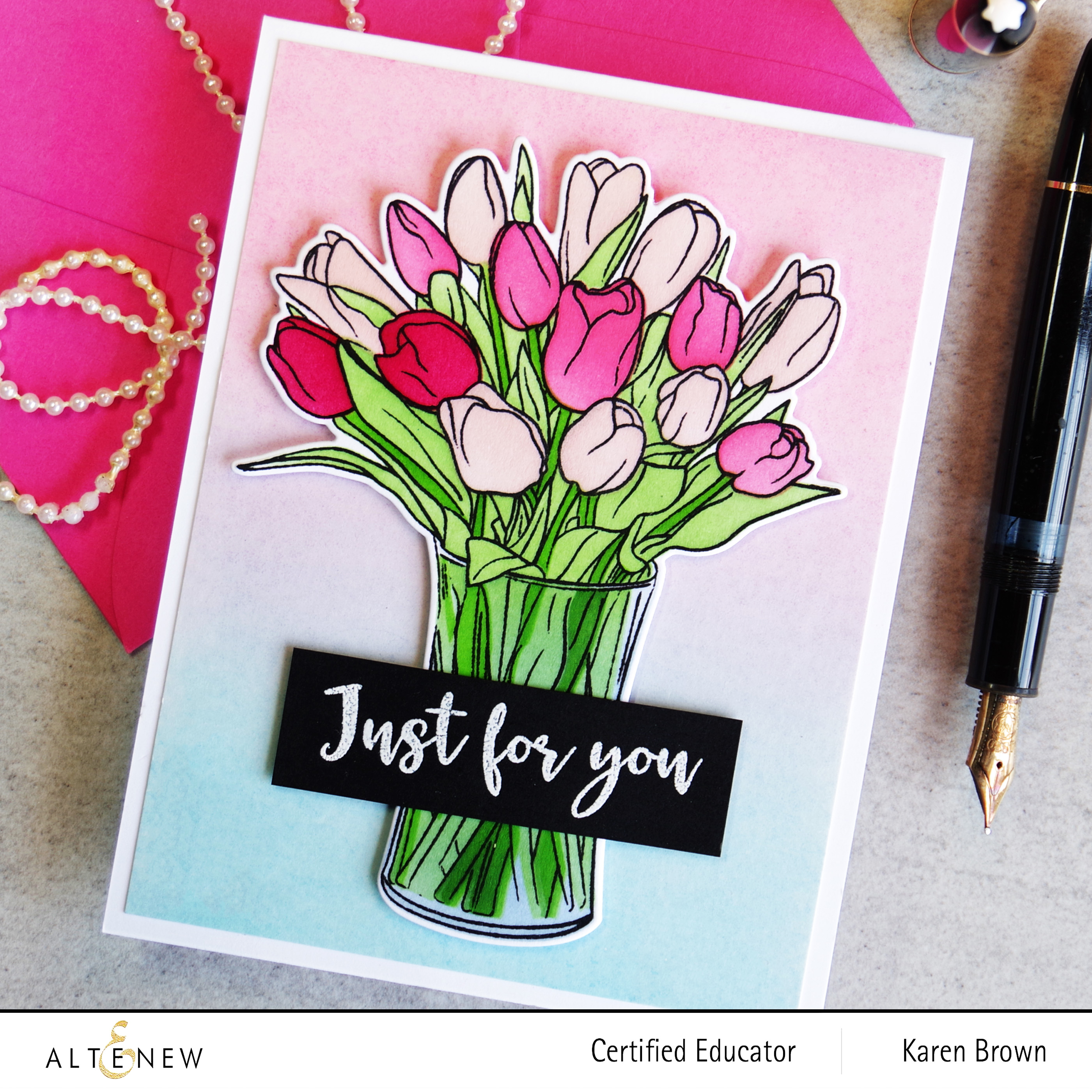 Altenew Timeless Tulips flower vase card in pinks and blues.