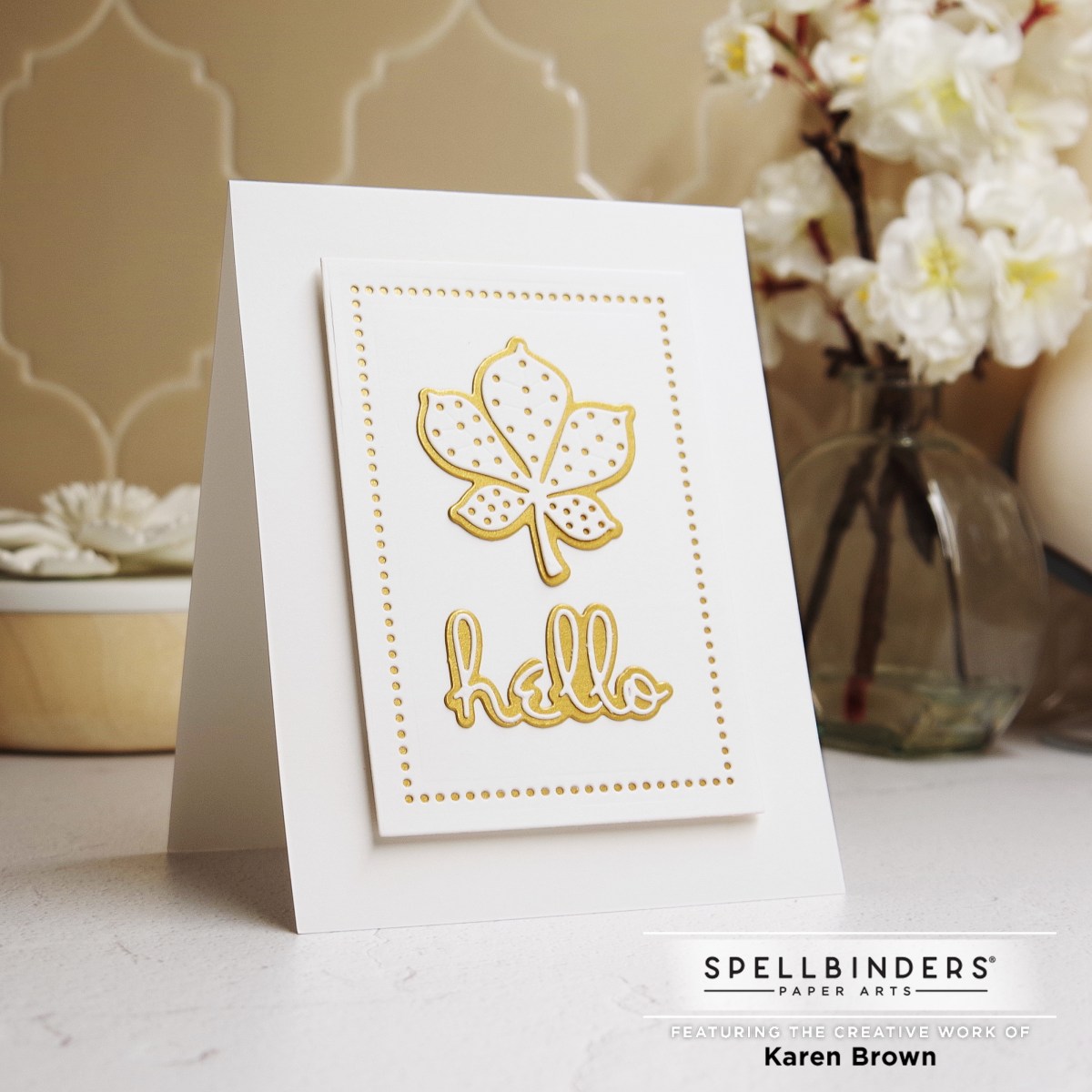 Spellbinders September 2022 Die of the  Month Card:  Stitched Leaves in white and gold.