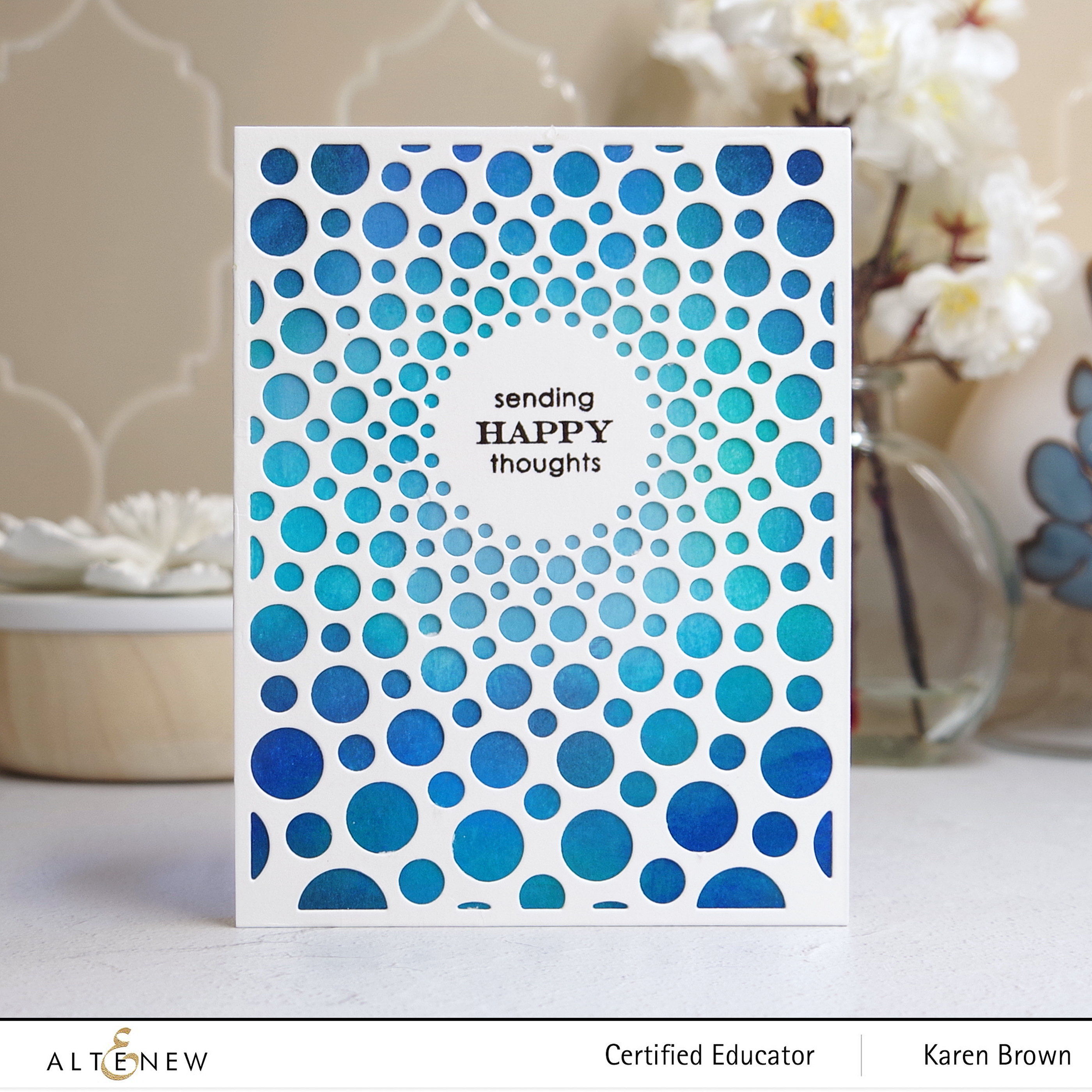 A quick and easy bold handmade card in blues, aquas and greens.