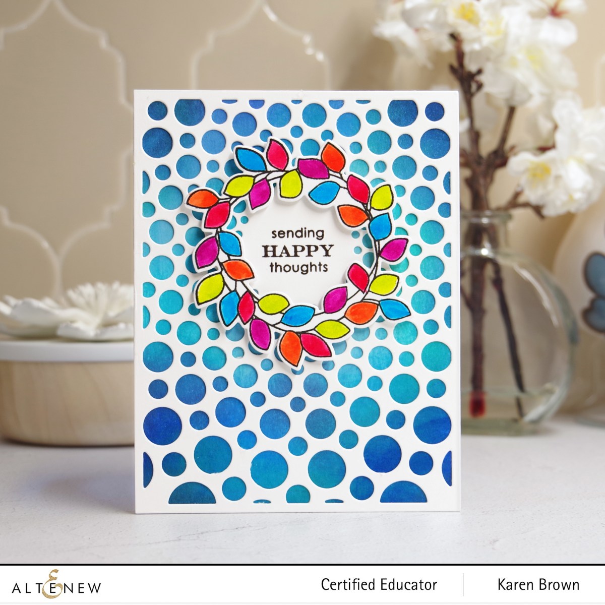A bright colorful card using Altenew's Radial Circles Cover Die and the Weekend Doodles Stamp and Die Bundle.