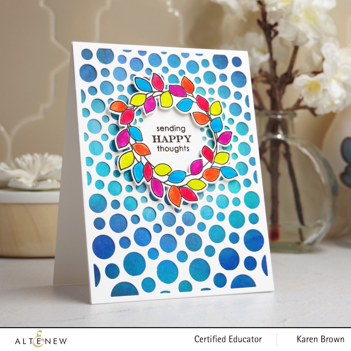 A bright cheerful card using Altenew's Radial Circles Cover Die.