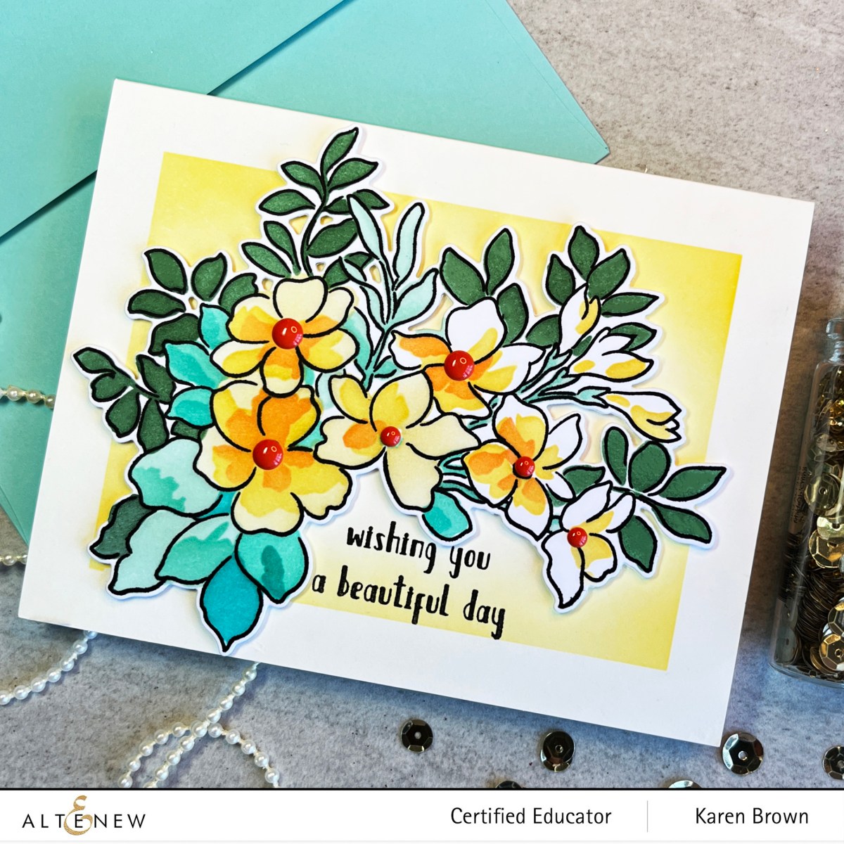 Yellow and aqua color scheme on Altenew's December 2022 Craft-Your-Life Project kit.