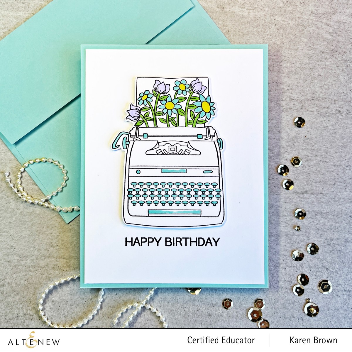 Altenew's Typewriter Flowers mini stamp and die bundle + handmade card.