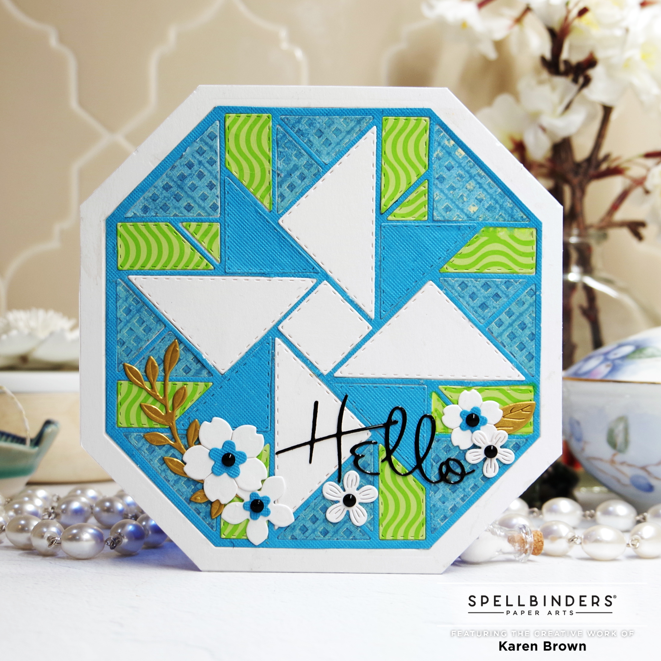 Octagon Shaped Quilt card with inlaid die cuttting in blue and lime.