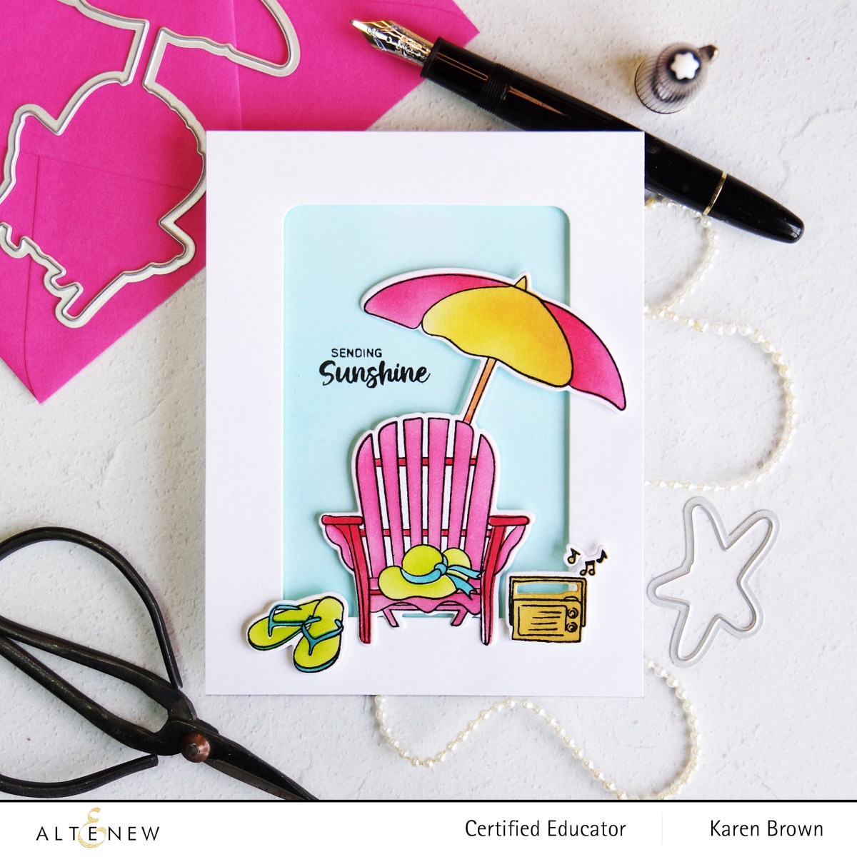 Altenew Summer Wishes stamp, die and coloring stencil card.