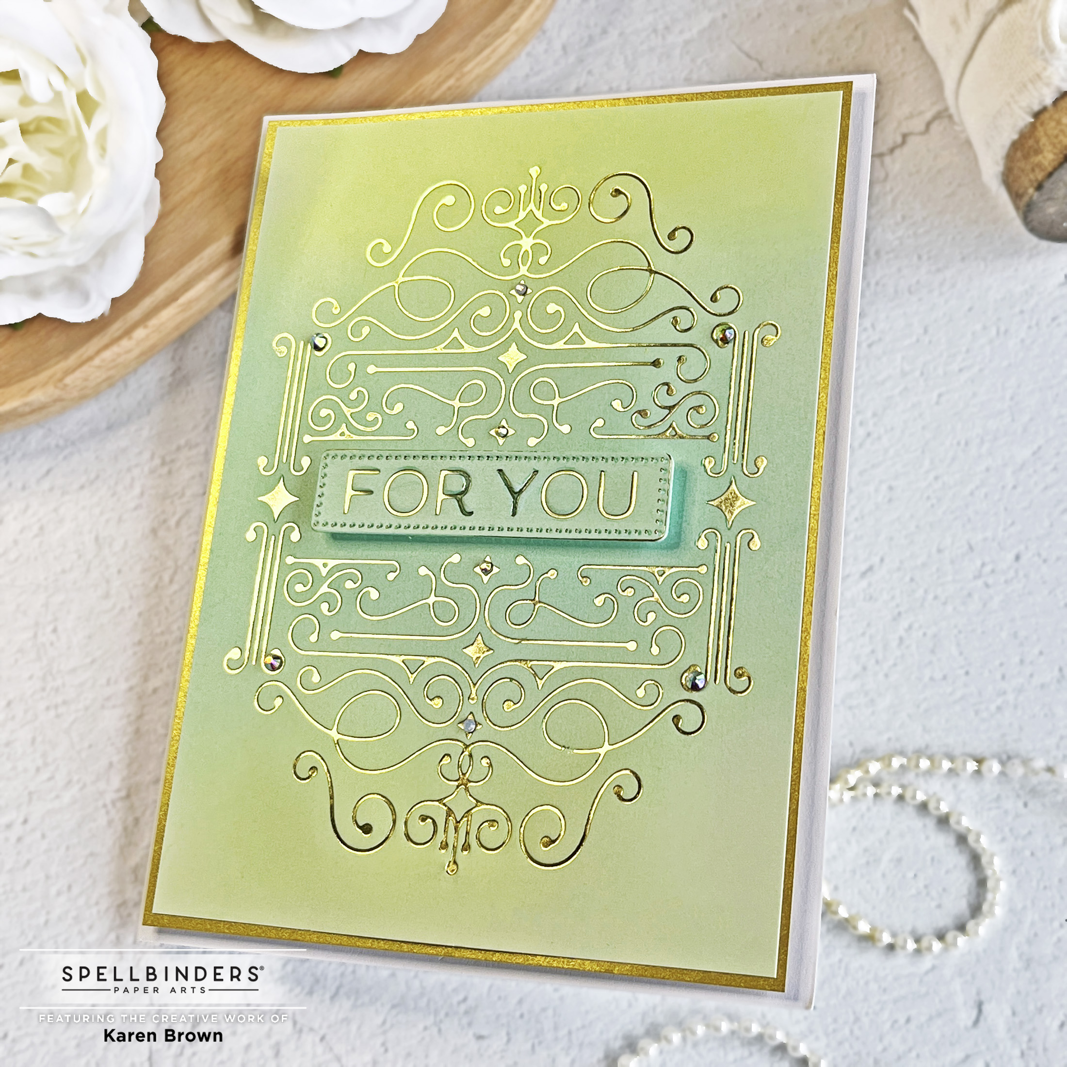 Spellbinders Four Petal Scroll Label Hot Foil Plate + handmade card