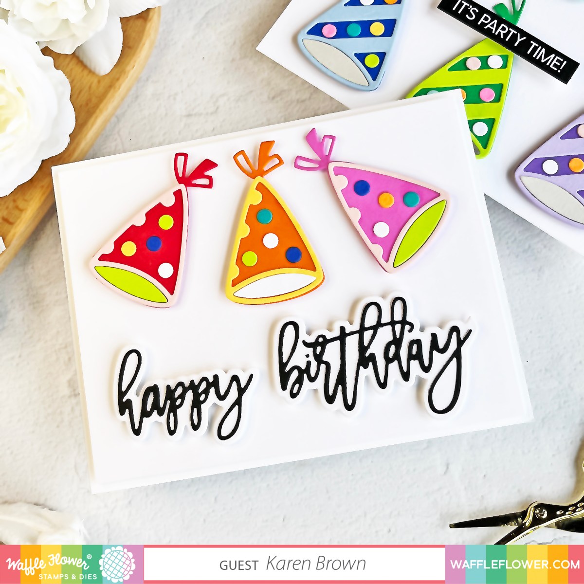 Waffle Flower Layered Party Hat (421360) handmade card in bright festive colors.