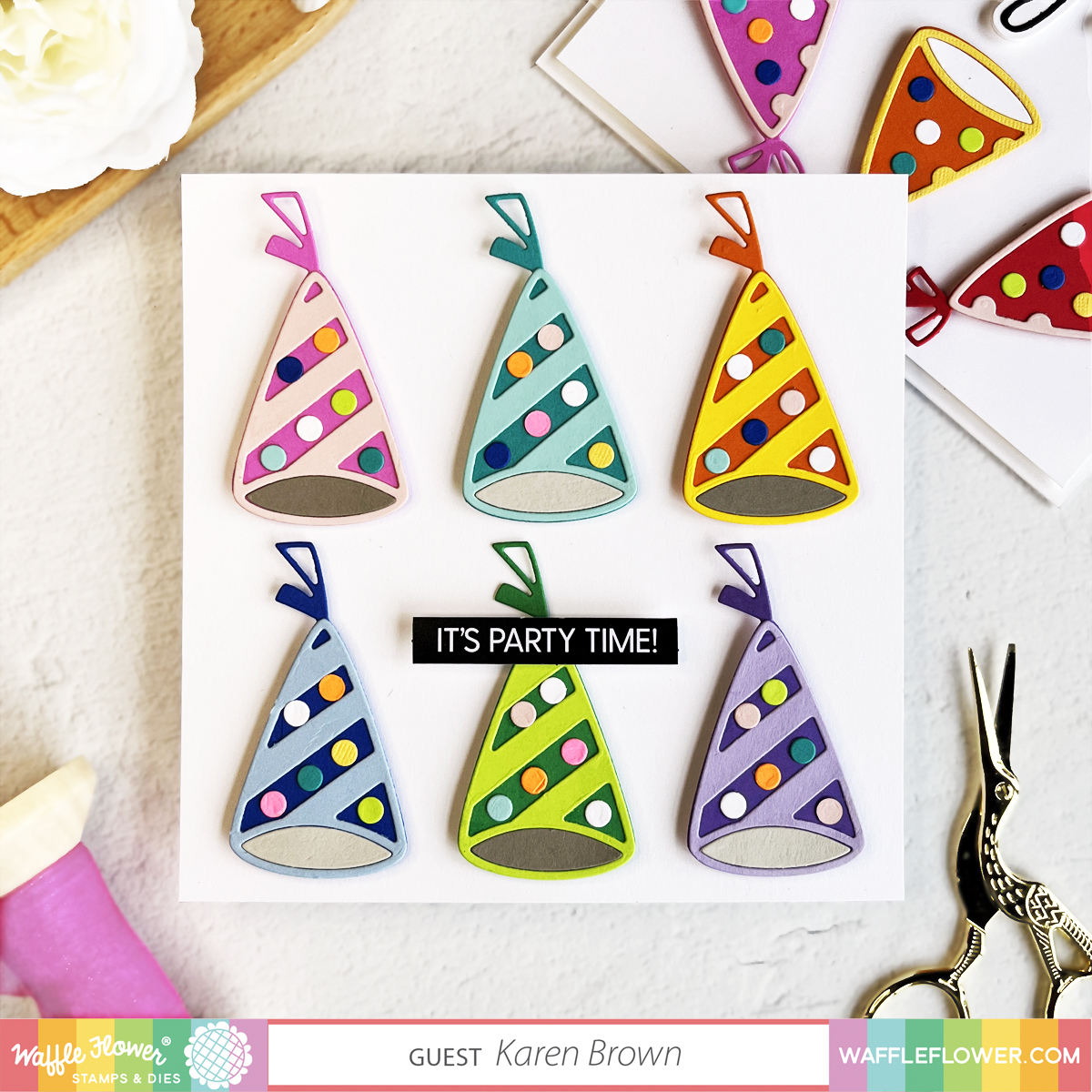 Waffle Flower Layered Party Hat (421360) handmade Birthday card.