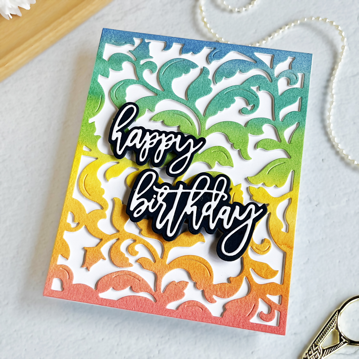 Waffle Flower Crafts Flourish Panel Die + Print and Script Happy Birthday Sentiment dies.