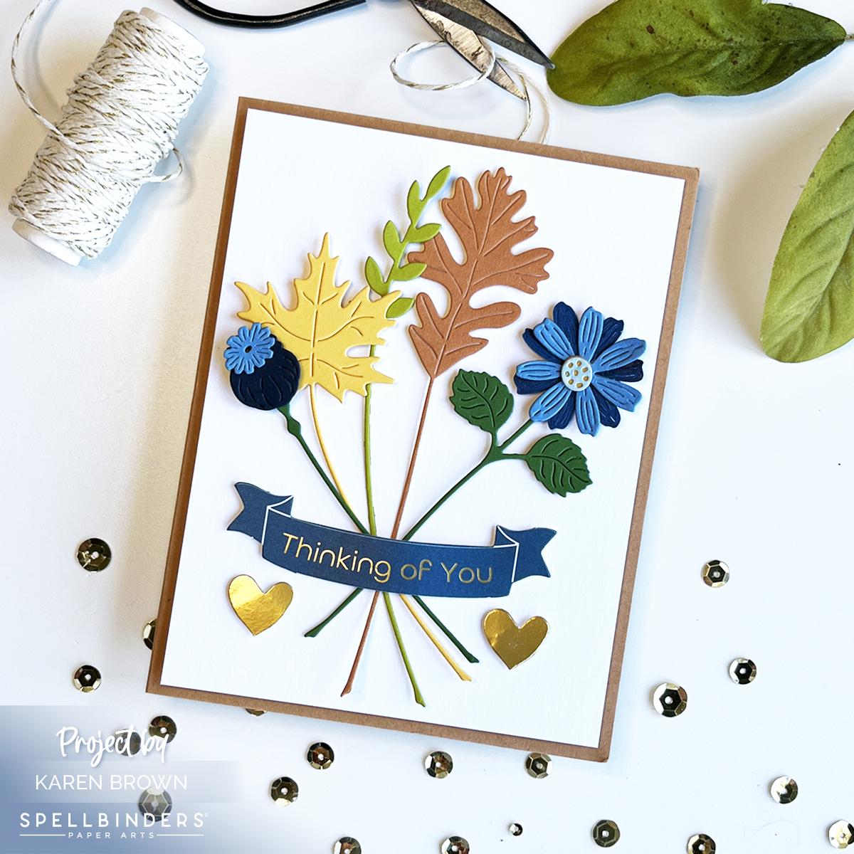 Seasonal Thinking of You Card with die cut leaves, Wheat and flowers.