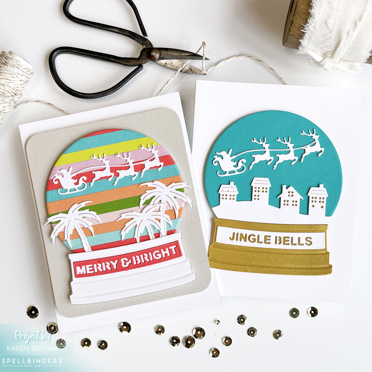 Spellbinders Simon's Snow Globe holiday card ideas in teal and pinks.