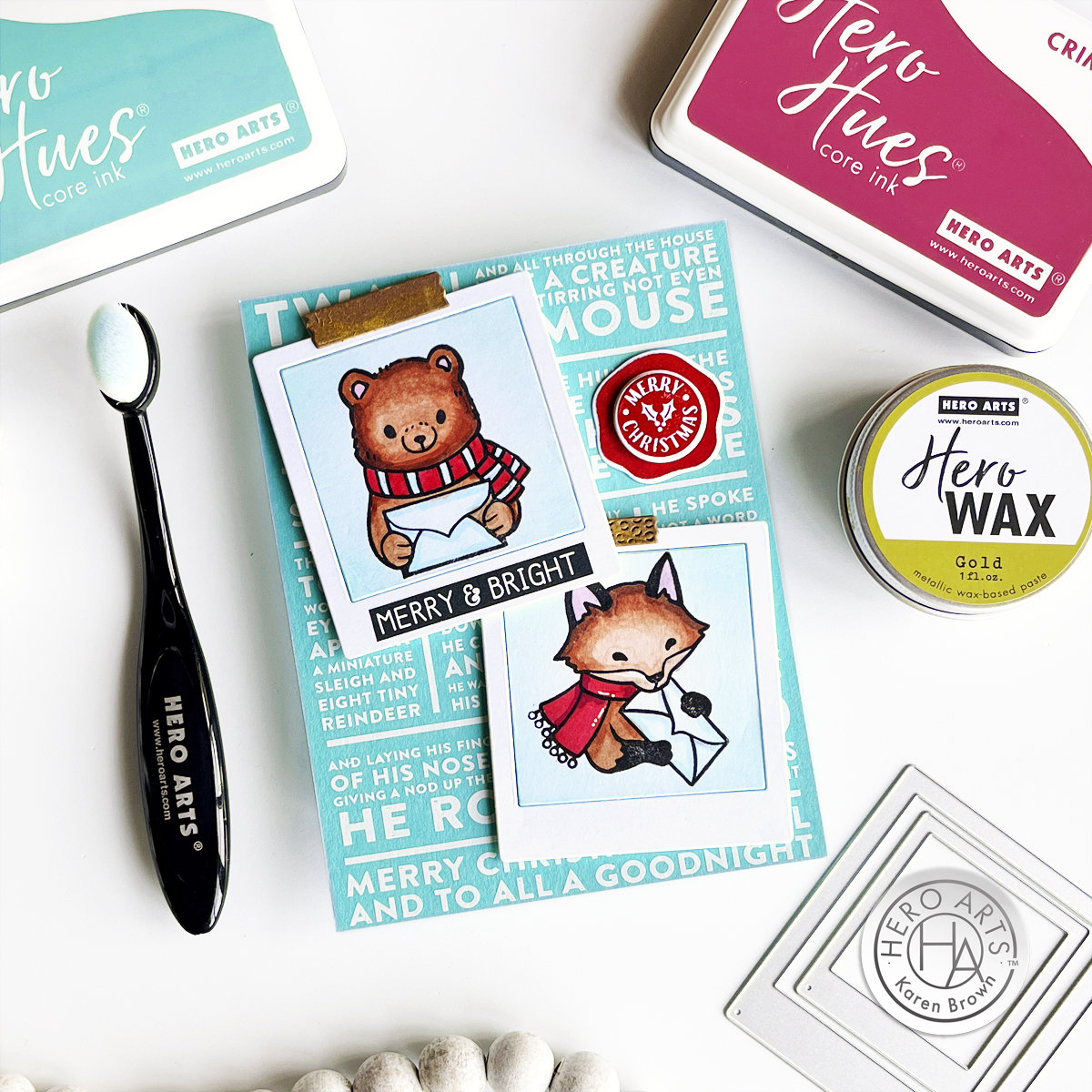 Cute holiday card with critters featured in Hero Arts Journaling Photo Frame Infinity Dies DF125