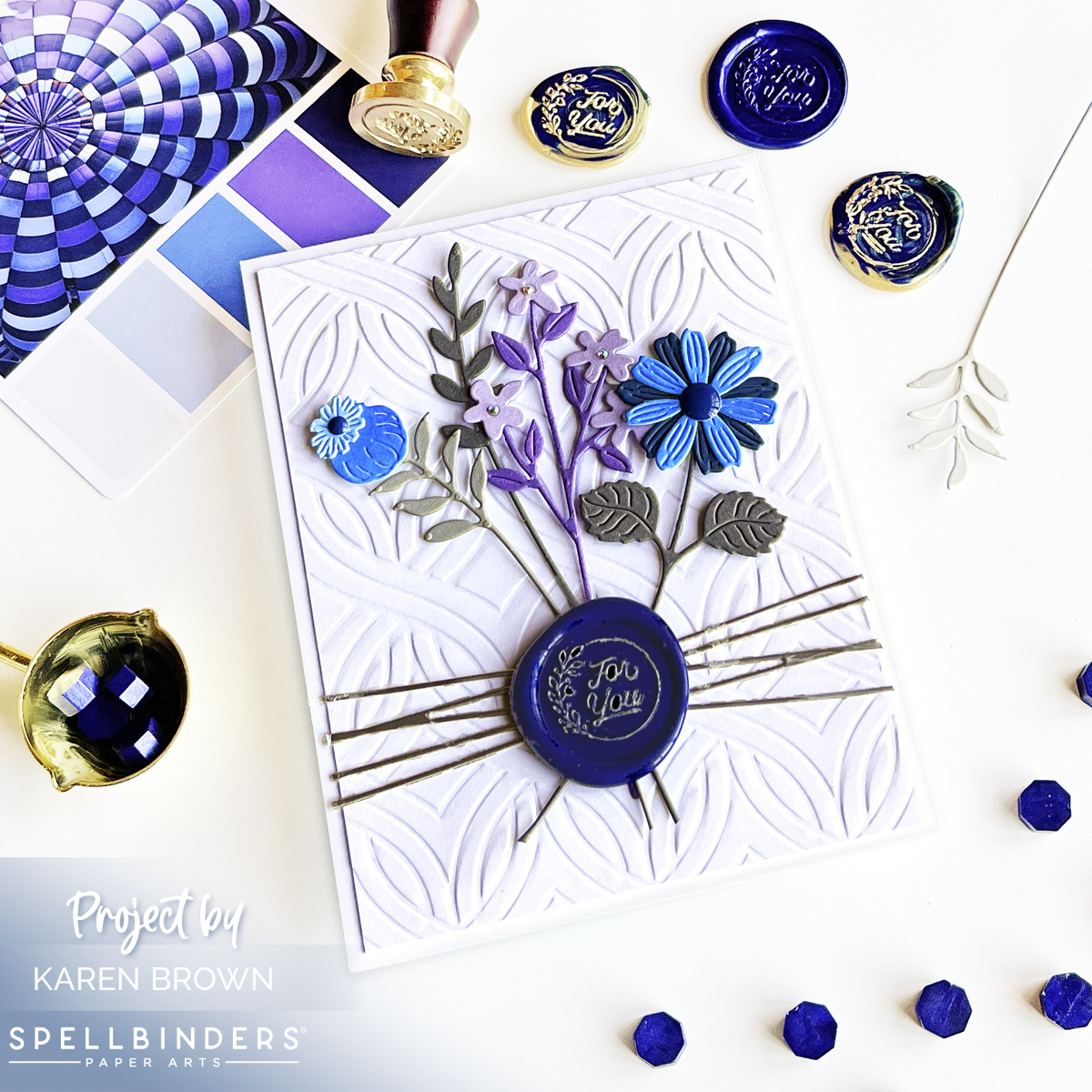 Floral card with blue and purple flowers and Ink Navy blue Wax Seal Element.