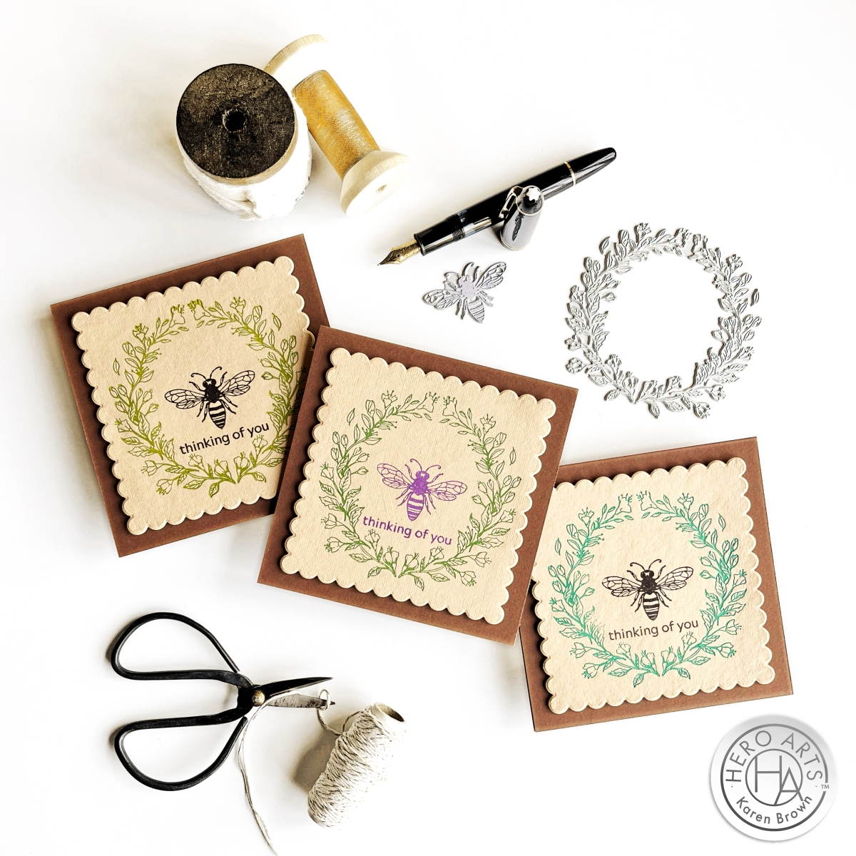 3 Square BetterPress letter press Sympathy Cards featuring Hero Arts Antique Bee and Wreath.
