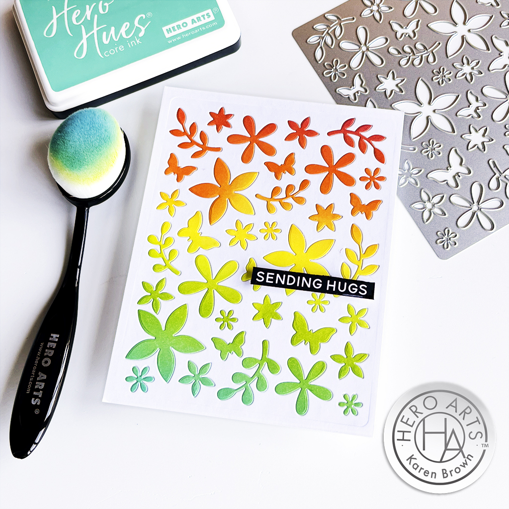 Rainbow ink blending + Inlaid die cutting using Hero Arts Flower Pattern Cover Die.