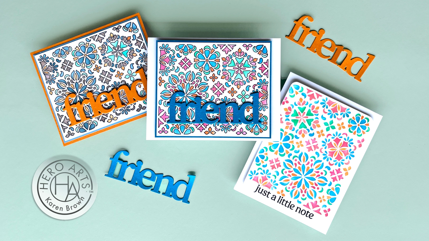 3 Bright Colorful cards using Hero Arts Mandala Flower Pattern Stamp and coordinating color layering stencils,
